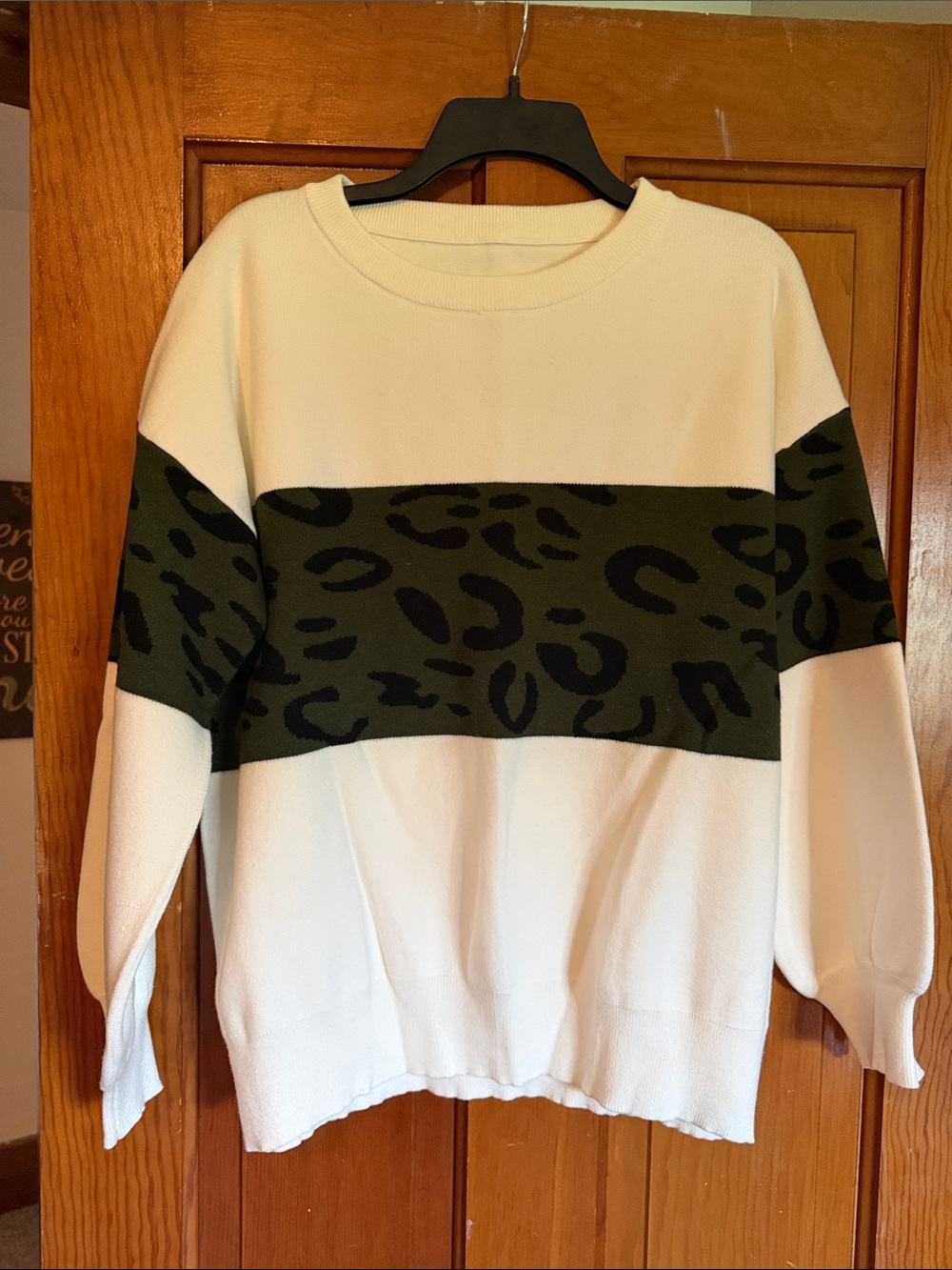 Neutral Ivory Sweater with Olive Leopard Stripe - Women